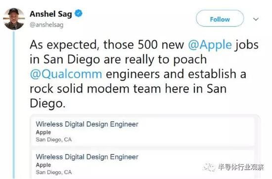 Twitter上对于苹果在圣地亚哥大举招募5G基带工程师的讨论