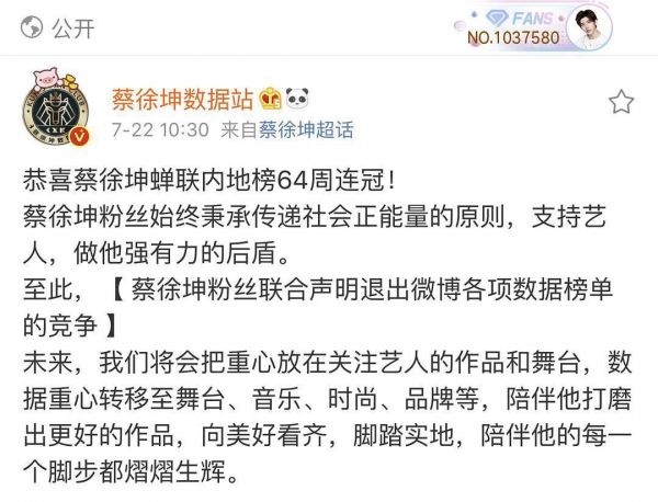 惨败给周杰伦后，蔡徐坤粉丝要退出微博所有数据战