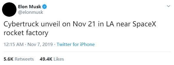 马斯克：特斯拉皮卡将于11月21日在洛杉矶发布