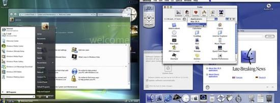微软的WindowsAero（左）与苹果的Aqua（右）界面。图片来源：维基百科。