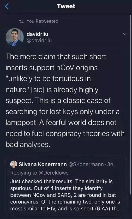 图：哈佛生命科学专家刘如谦转发科学家Silvana Konermann的质疑推特