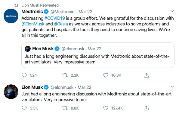 马斯克：与医疗厂商美敦力合作，Tesla 将全力生产呼吸机