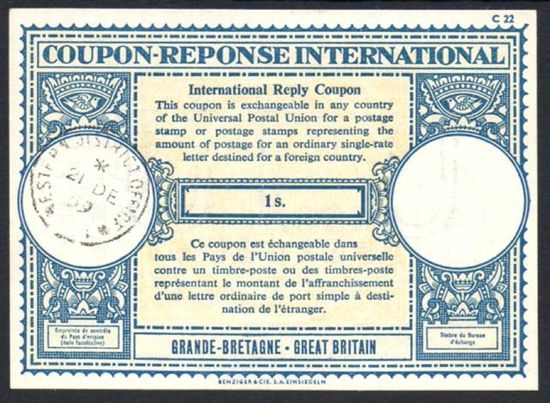 图：一张1959年在英国发行的“国际回信券”