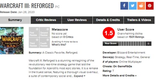 评分媒体metacritic上《魔兽争霸3：重制版》评分（图源来自网络）