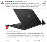 谷歌将首次在印度制造Chromebook笔记本电脑，与惠普合作