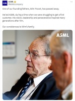 外媒：荷兰光刻机巨头阿斯麦联合创始人之一维姆・特鲁斯特去世