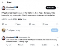 马斯克反对苹果系统接入GPT：指其出卖用户数据，威胁禁用iPhone