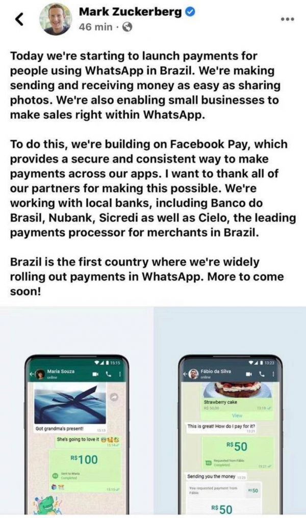 WhatsApp在巴西发布Facebook Pay/Facebook