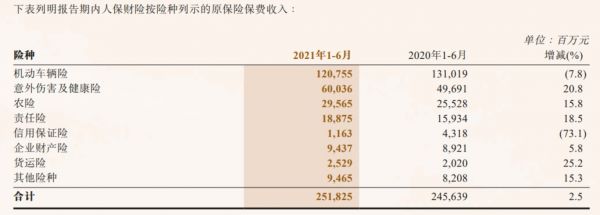 人保财险2021上半年各险种保费收入