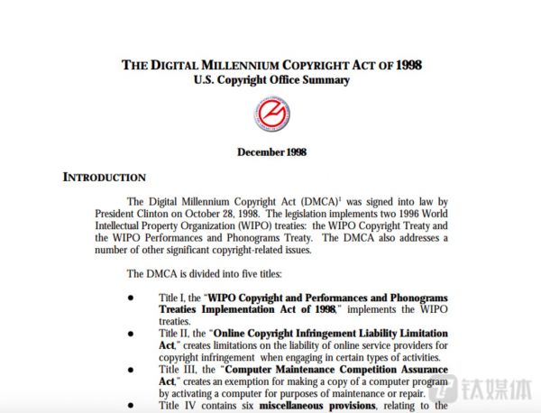 1998年10月12日，美国参议院全票通过了DMCA，随后，时任美国总统比尔·克林顿在10月28日签字使其正式成为法律。